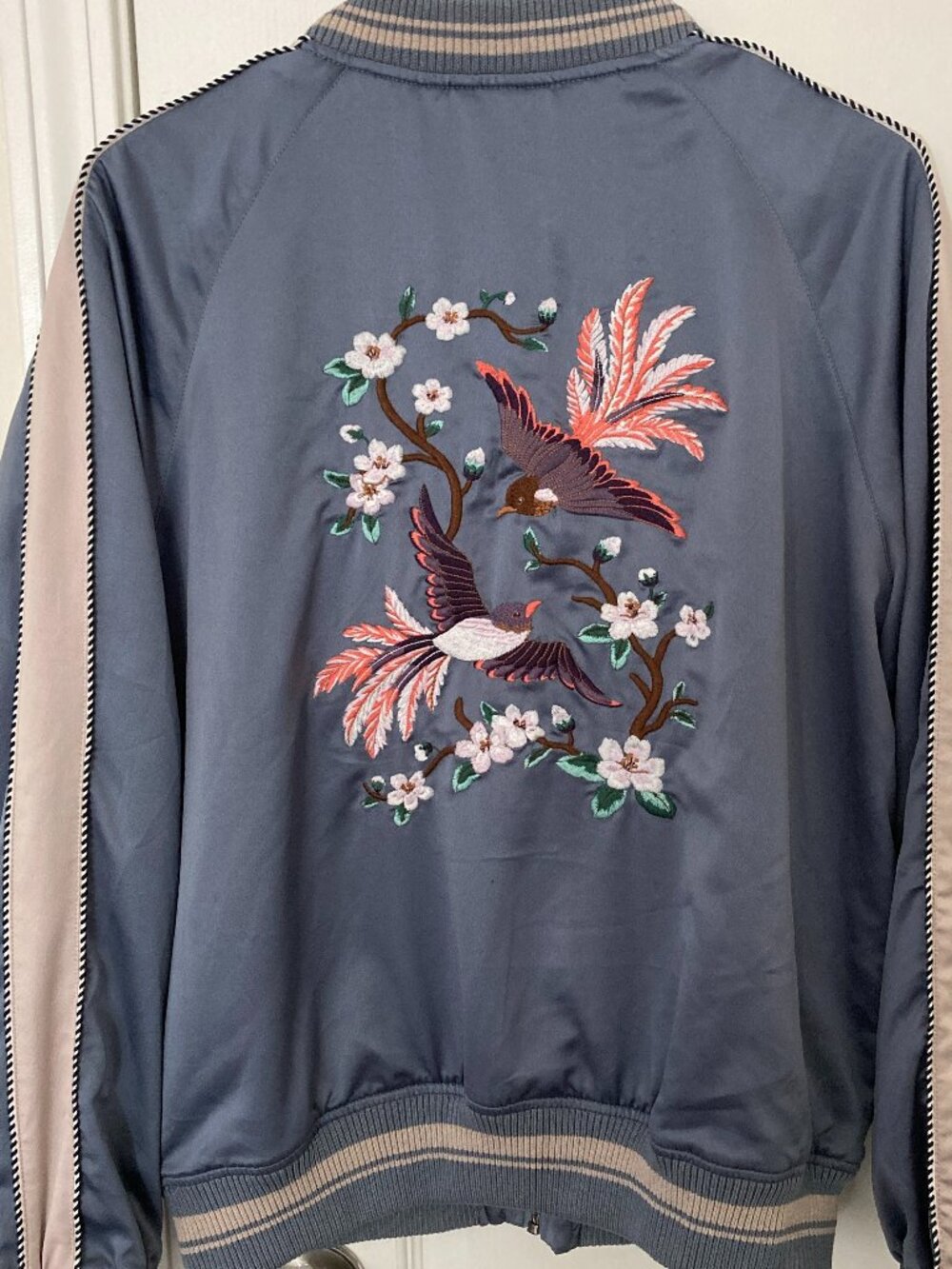 American Eagle Blue Bomber Jacket with Embroidered Birds Size L